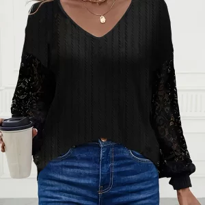 Women's Plus Size Jacquard Lace Lantern Sleeve V-Neck Top