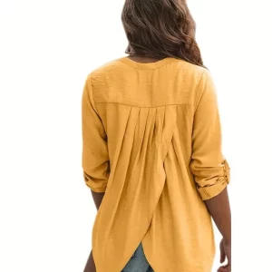 Women's Plus Size Loose Fit V-Neck Long Sleeve Solid Color Shirt