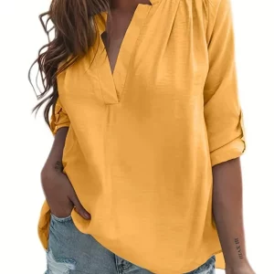 Women's Plus Size Loose Fit V-Neck Long Sleeve Solid Color Shirt