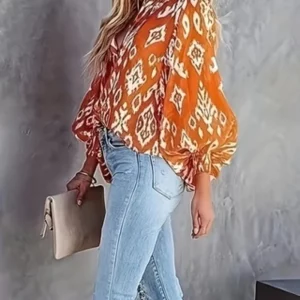 Women's Plus Size Orange Lantern Printed Long Sleeve Shirt