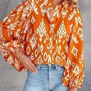 Women's Plus Size Orange Lantern Printed Long Sleeve Shirt