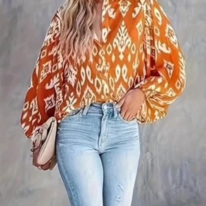 Women's Plus Size Orange Lantern Printed Long Sleeve Shirt