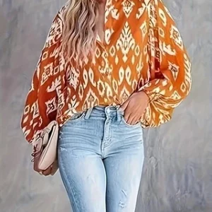 Women's Plus Size Orange Lantern Printed Long Sleeve Shirt