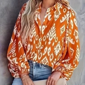 Women's Plus Size Orange Lantern Printed Long Sleeve Shirt