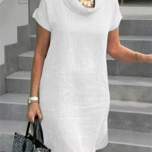 Women's Plus Size Pile Up Collar Short Sleeve Cotton Linen Midi Dress