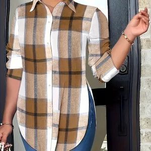 Women's Plus Size Plaid Print Lapel Collar Long Sleeve Loose Blouse