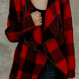 Women's Plus Size Plaid Print Long Sleeve Open Front Coat