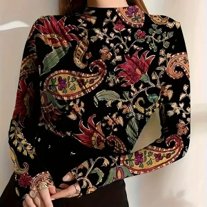 Women's Plus Size Printed Long Sleeve High Neck Top