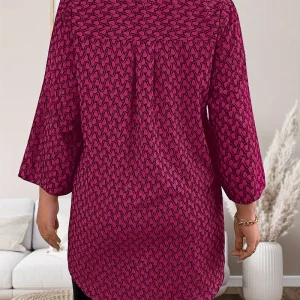 Women's Plus Size Printed V-neck Top with Curly Sleeves