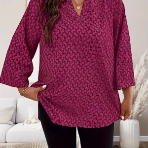 Women's Plus Size Printed V-neck Top with Curly Sleeves