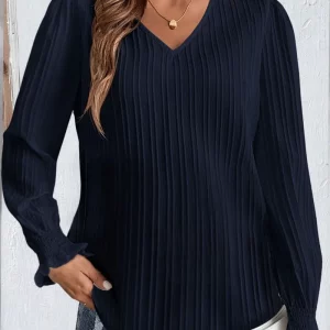 Women's Plus Size Ribbed Lantern Sleeve V-Neck Casual T-shirt