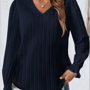 Women's Plus Size Ribbed Lantern Sleeve V-Neck Casual T-shirt