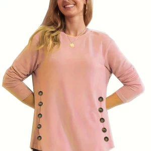 Women's Plus Size Solid Button Long Sleeve Casual Top