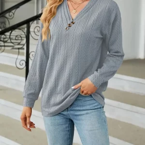 Women's Plus Size Solid Jacquard V-Neck Long Sleeve Casual T-Shirt