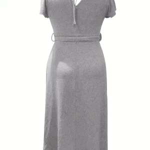 Women's Plus Size Solid Short Sleeve Maxi Dress With Belt