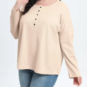 Women's Plus Size Solid Waffle Pattern V-Neck Henley Blouse