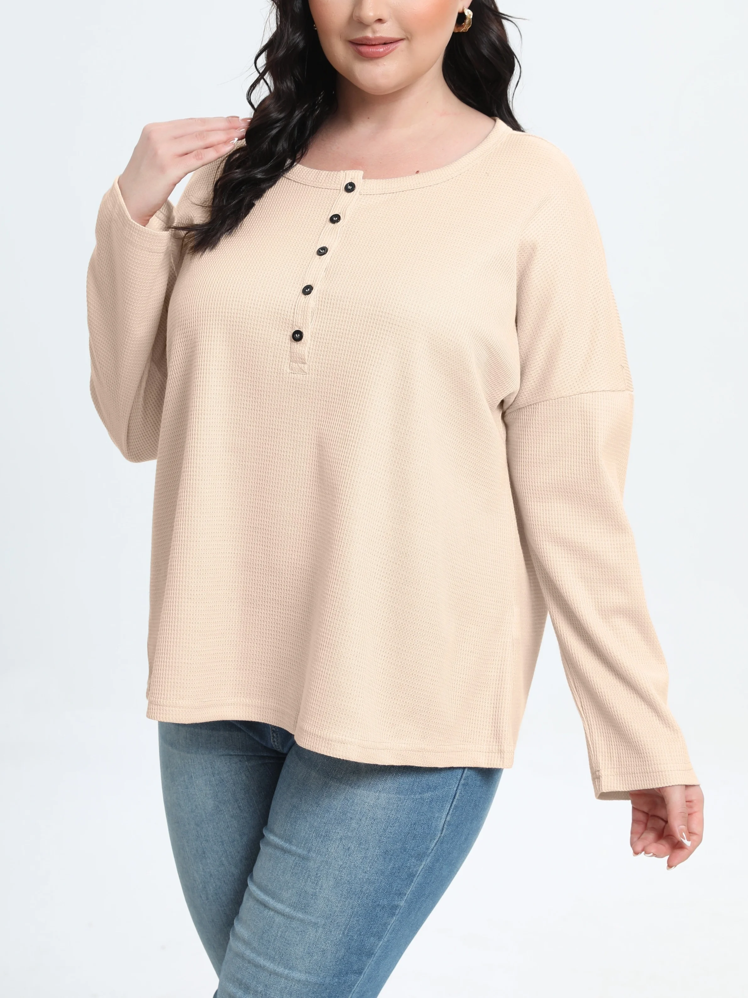 Women's Plus Size Solid Waffle Pattern V-Neck Henley Blouse