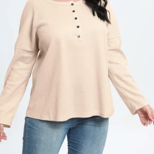 Women's Plus Size Solid Waffle Pattern V-Neck Henley Blouse