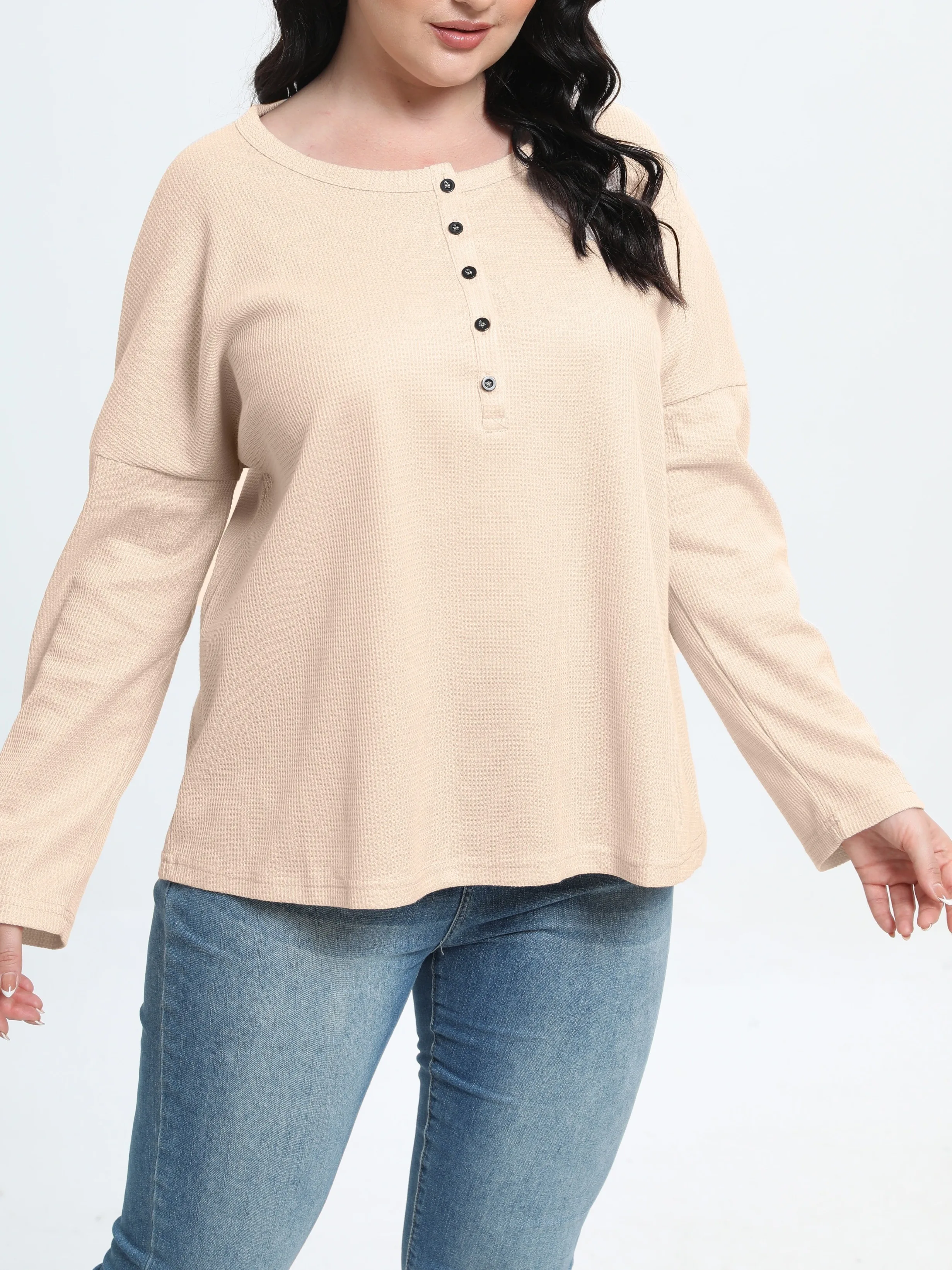 Women's Plus Size Solid Waffle Pattern V-Neck Henley Blouse