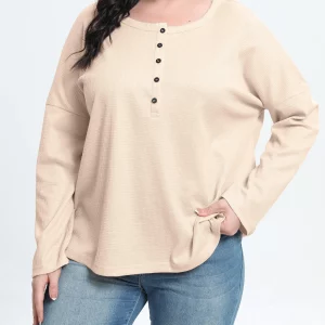 Women's Plus Size Solid Waffle Pattern V-Neck Henley Blouse