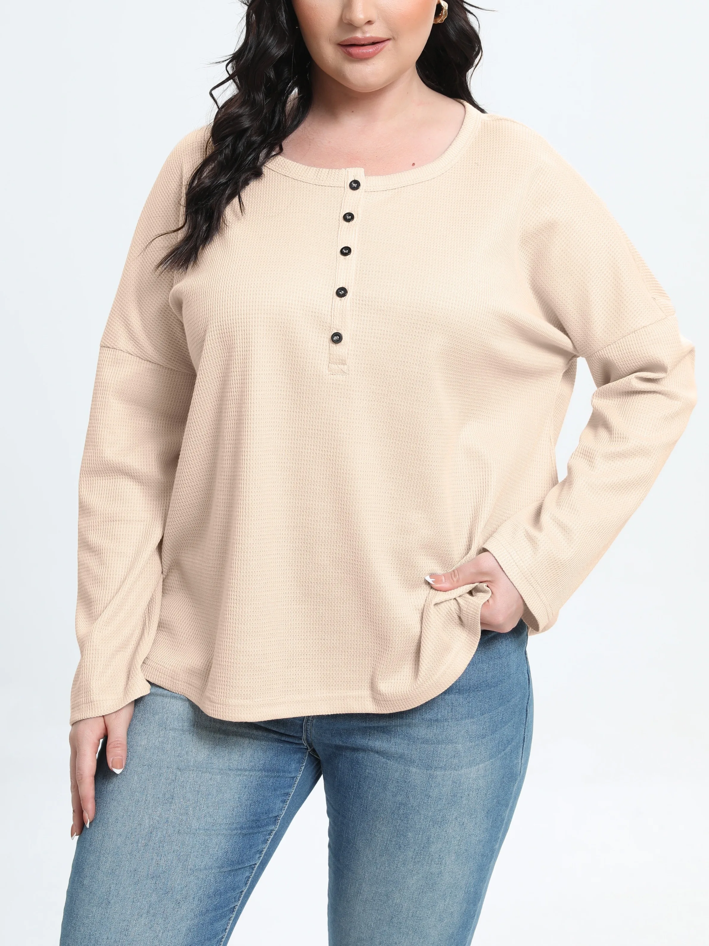 Women's Plus Size Solid Waffle Pattern V-Neck Henley Blouse