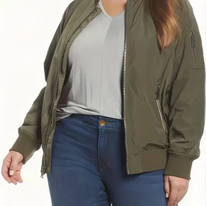 Women's Plus Size Solid Zipper Bomber Jacket with Pockets