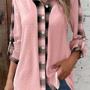 Women's Plus Size Striped Long Sleeve Plaid Patchwork Shirt