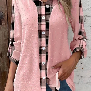 Women's Plus Size Striped Long Sleeve Plaid Patchwork Shirt