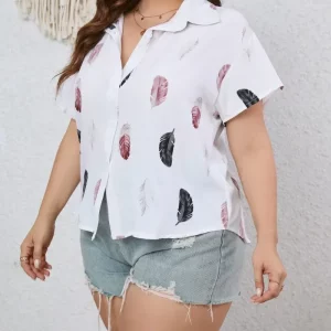 Women's Plus Size Summer Blouse with Feather Print