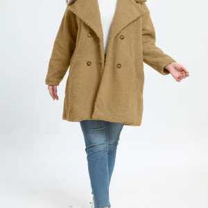 Women's Plus Size Teddy Fleece Winter Coat with Double Breast Button and Lapel Collar