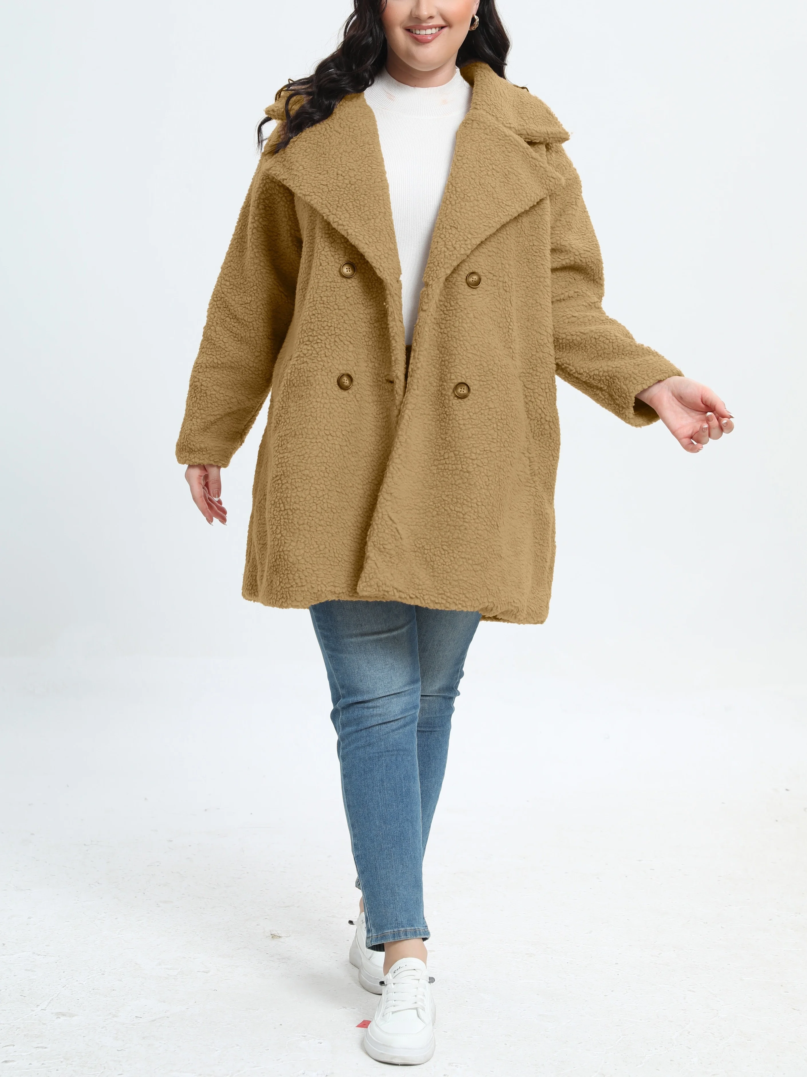 Women's Plus Size Teddy Fleece Winter Coat with Double Breast Button and Lapel Collar