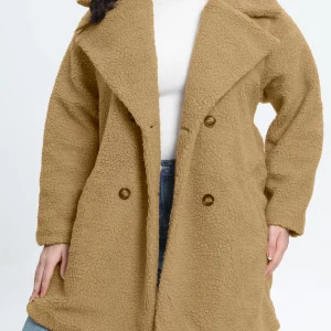 Women's Plus Size Teddy Fleece Winter Coat with Double Breast Button and Lapel Collar