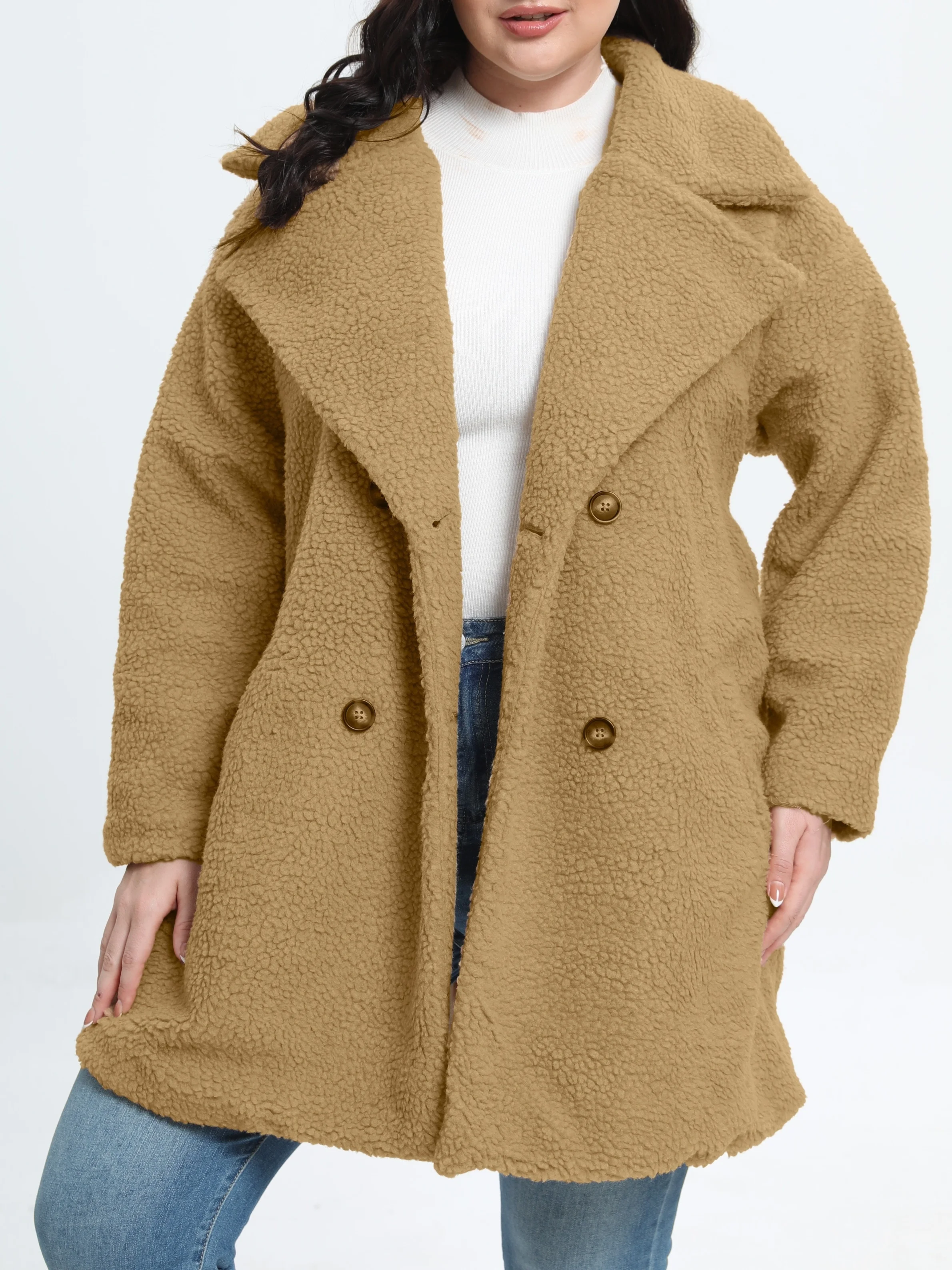 Women's Plus Size Teddy Fleece Winter Coat with Double Breast Button and Lapel Collar