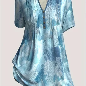 Women's Plus Size Tie Dye V-Neck Blouse with Button Detail