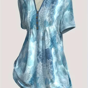 Women's Plus Size Tie Dye V-Neck Blouse with Button Detail