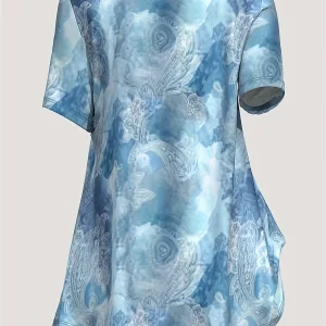 Women's Plus Size Tie Dye V-Neck Blouse with Button Detail