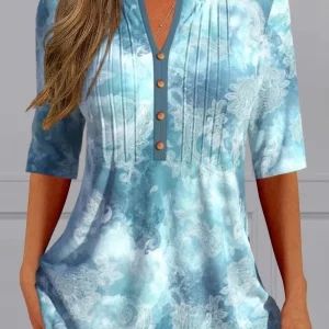 Women's Plus Size Tie Dye V-Neck Blouse with Button Detail