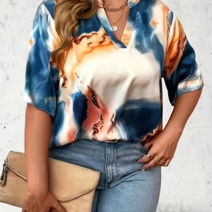 Women's Plus Size Tie-Dye V-Neck Tee Summer Fashion Top