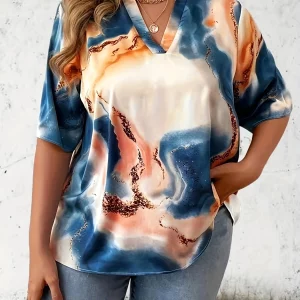 Women's Plus Size Tie-Dye V-Neck Tee Summer Fashion Top