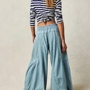 Women's Plus Size Wide Leg Spliced Denim Pants with Elastic Waist