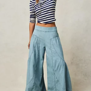 Women's Plus Size Wide Leg Spliced Denim Pants with Elastic Waist