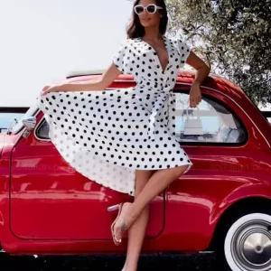 Women's Polka Dot Print A-line Dress with Waistband