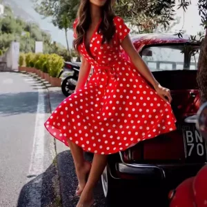 Women's Polka Dot Print A-line Dress with Waistband