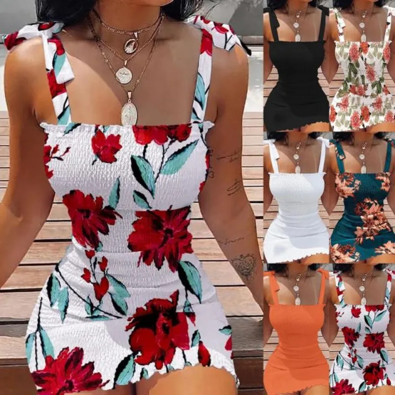 Women's Printed Bow Art Camisole Dress - Strapless Waist Tight Mini Dress