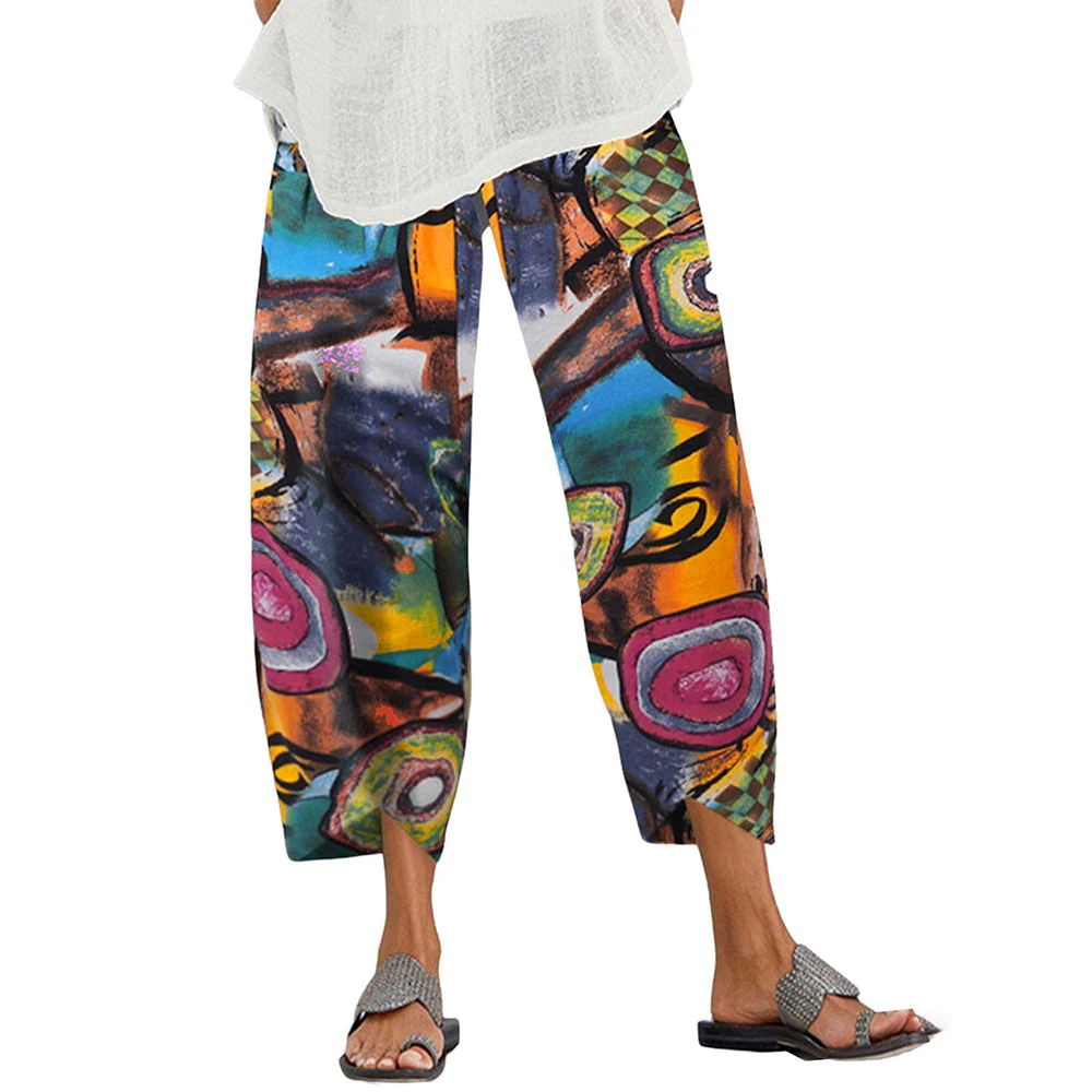 Women's Printed Cotton Linen Wide Leg Pants | Plus Size Autumn Winter Ankle-Length Trousers