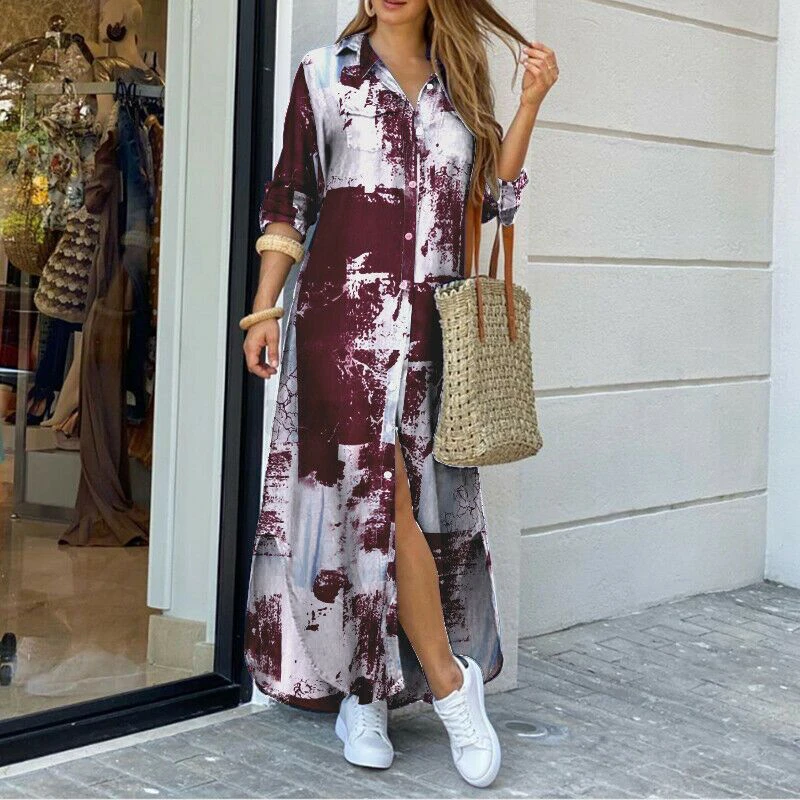 Women's Printed Long Sleeve Dress with Single Breasted Closure