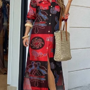 Women's Printed Long Sleeve Shirt Skirt Dress