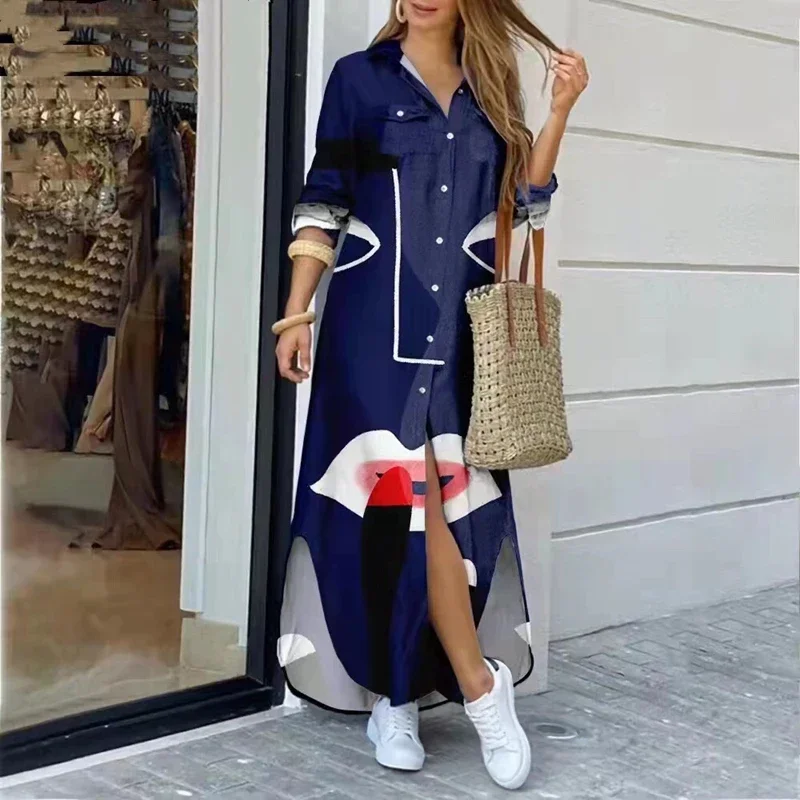 Women's Printed Long-Sleeve Shirt Skirt Dress