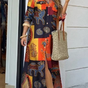 Women's Printed Long Sleeve Shirt Skirt Dress