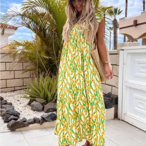 Women's Printed Short Sleeve Long Dress - Trendy & Comfortable